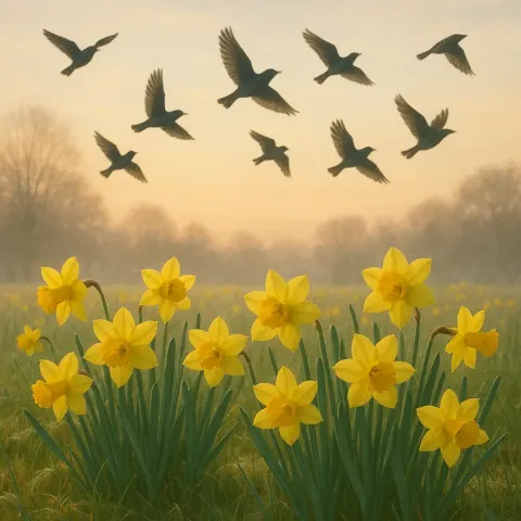 Daffodils in Full Bloom While Birds Soar
