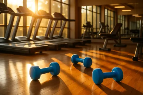 Three Vibrant Blue Dumbbells Lie Spread Out on the Gleaming