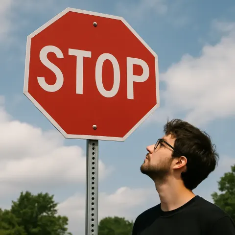 Picture Showing a Person Standing Underneath a Red Stop Sign