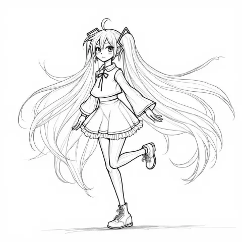 Hatsune Miku Dancing in Whiteboard Line Art