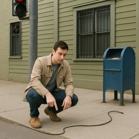 Man Points to a Loose Cable on a Sidewalk