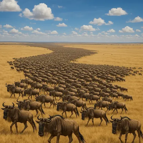 Innumerable Migrating Wildebeest Form a Massive