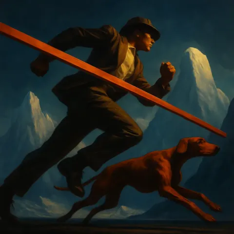 Mid-20th-century Figure Sprints Beneath a Safety-orange Bar