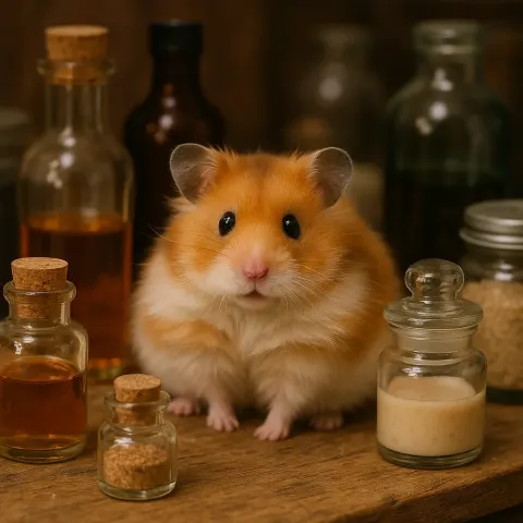 Fluffy Orange-and-white Hamster Sits Amidst Various Bottles