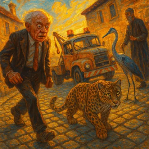 Senior Historical Figure in Trousers Strides Purposefully