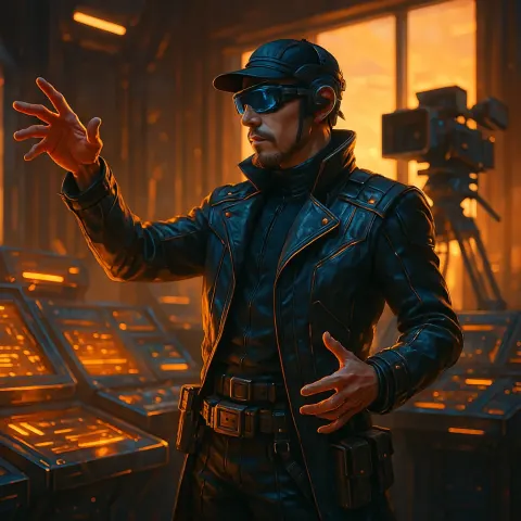 Cyberpunk Director in Futuristic Attire and a Prominent Utility Belt