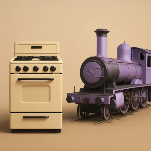 Lavender Train Alongside a Tan-colored Stove