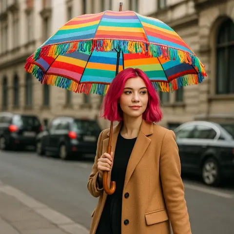 Woman with Pink Hair Holds a Colorful Fringed Umbrella