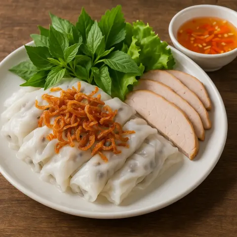 Plated Dish of Vietnamese Banh Cuon with Sliced Pork