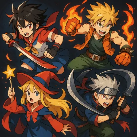 Dynamic Collage of Stylized Anime Characters in Action Poses