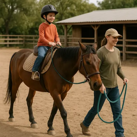 Child Wearing a Helmet Rides a Horse
