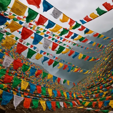 Hundreds of Colourful Prayer Flags Flutter Violently on a High