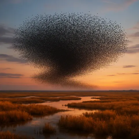 Vast Flock of Migratory Birds Forms a Shifting Dark Cloud