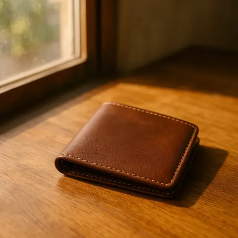 Wooden Table Holds a Brown Leather Wallet