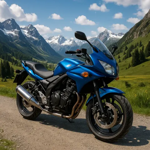 Blue Motorcycle Stationary in a Picturesque Mountain