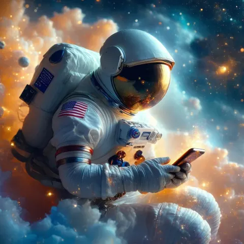 Sixties Astronaut Scrolls an Enchanted Smartphone in Space