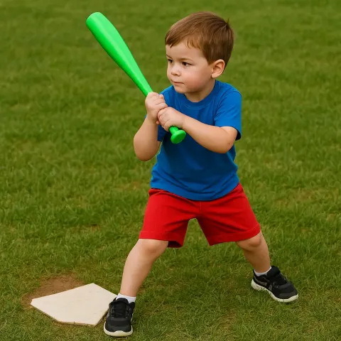 Child in a Blue Shirt and Red Shorts Is Holding