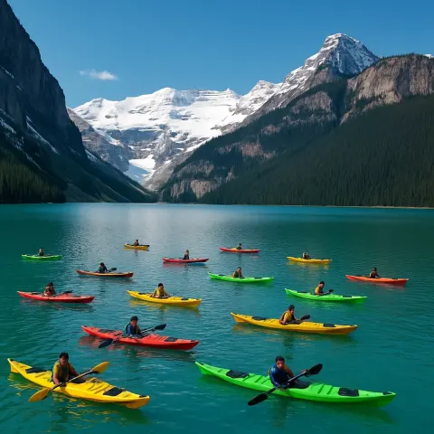 Many Colorful Kayaks Are Scattered Across a Vast