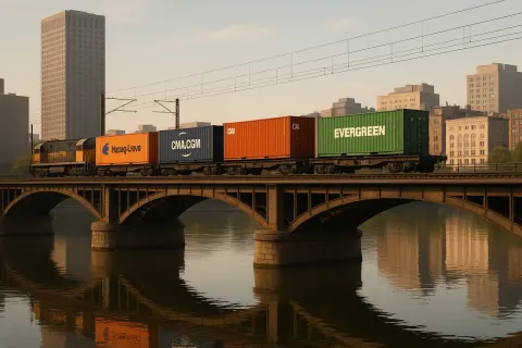 Train Carrying Shipping Containers Crosses a Bridge