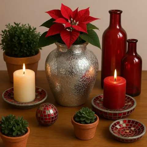 Festive Decorative Arrangement Featuring a Silver Crackle Vase