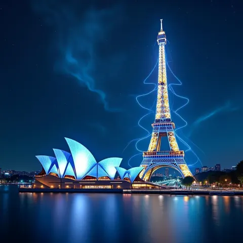 Sydney Opera House Meets Eiffel Tower at Night