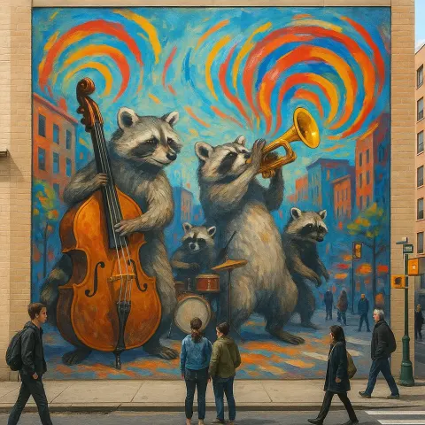 Dynamic Acrylic Mural Depicts a Group of Raccoons