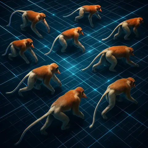 Scattered Troop of Around Nine Large Adult Male Proboscis Monkeys