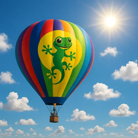 Colorful Hot Air Balloon Featuring a Gecko Emblem