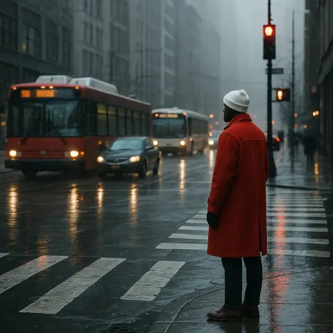 Man in a Red Coat and White Hat Stands