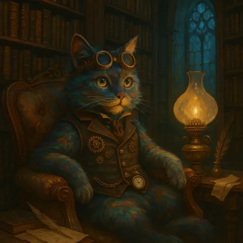 Imaginative Steampunk-inspired Feline Character Set Within a Lavish Victorian Library