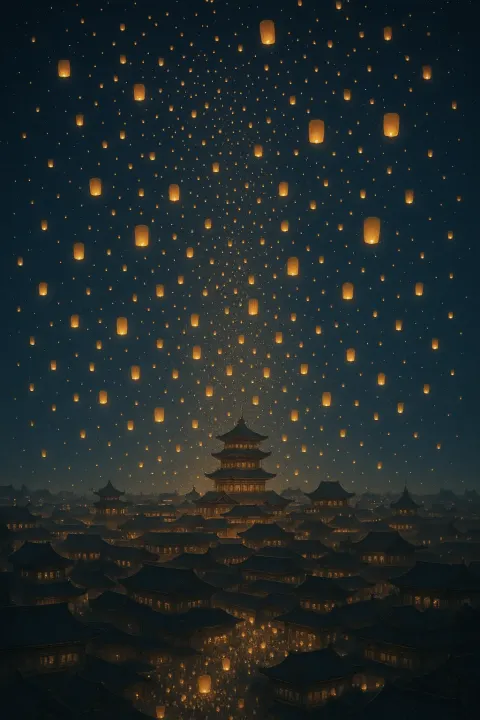 Myriad Tiny Lanterns Float Upwards into the Night Sky