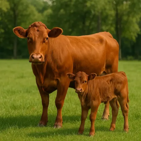 Brown Cow and its Calf Standing on a Lush