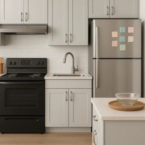 Thoughtfully Arranged Kitchen Displays a Matte Black Stove Elegantly Integrated