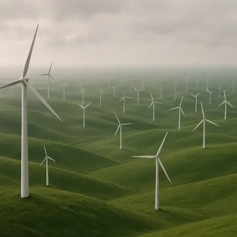 Countless Shimmering Wind Turbines Stretch Across Rolling Green Hills