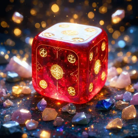 Red Dice Mascot Glowing Among Ethereal Runes