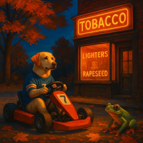Jersey-clad Labrador in a Go-kart Passes a Retro Tobacco Shop