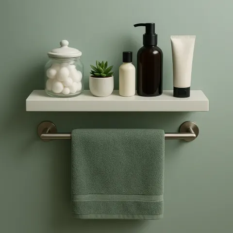 Contemporary Bathroom Features a Pristine White Floating Shelf Mounted Effortlessly