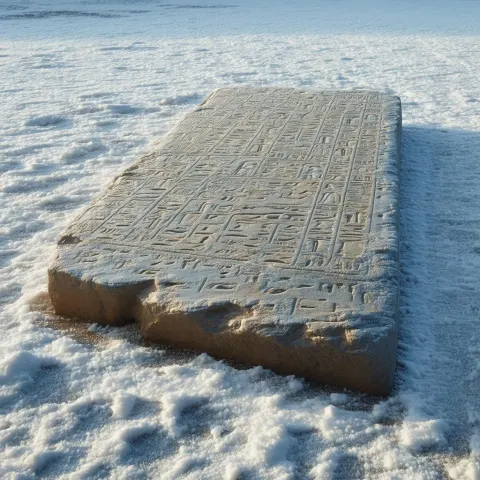 Rosetta Stone Resting in a Snowy Golden Landscape