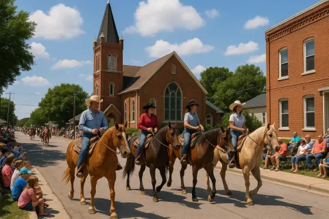 Small-town Parade with People Riding Horses Past a Church