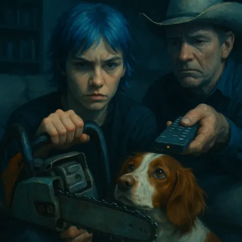 Androgynous Artist with Vibrant Blue Hair and Intense Hooded Lids