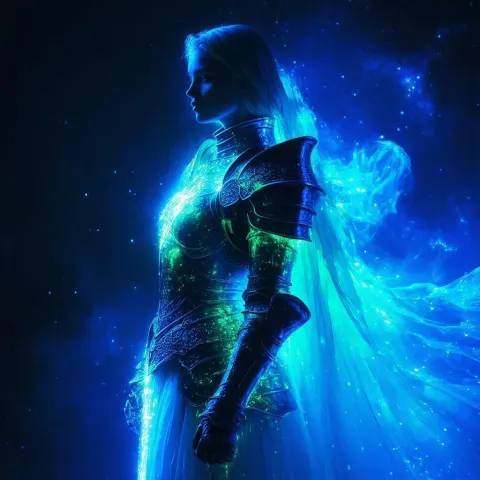 Ethereal Warrior Glowing Blue in Starry Expanse