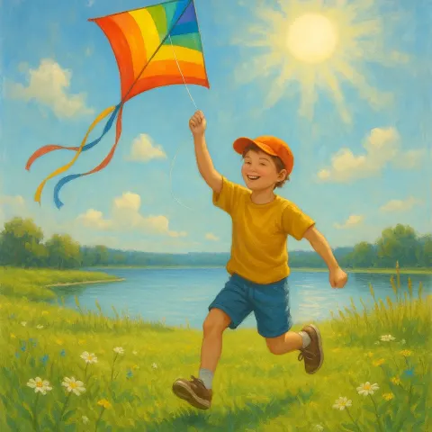 Lively Youth Spends the Day Delightedly Flying a Colorful Kite