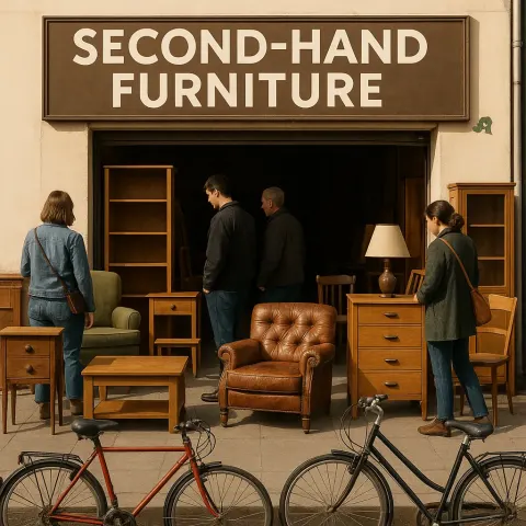 Second-hand Furniture Store with Various Items and Bicycles Displayed Outside