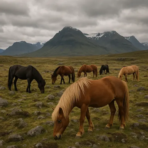 Group of Icelandic Horses Grazing on a Rocky