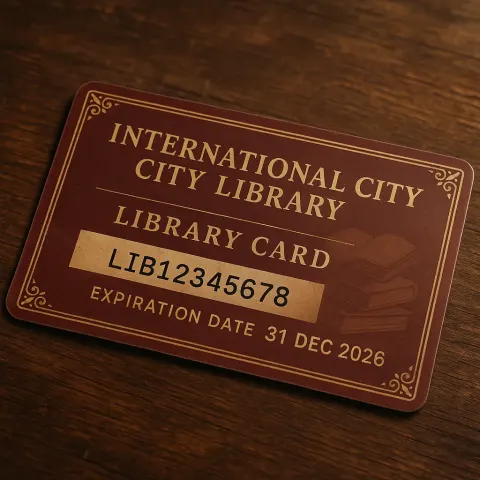 Realistic-looking Library Card for "International City Library." the Card Should