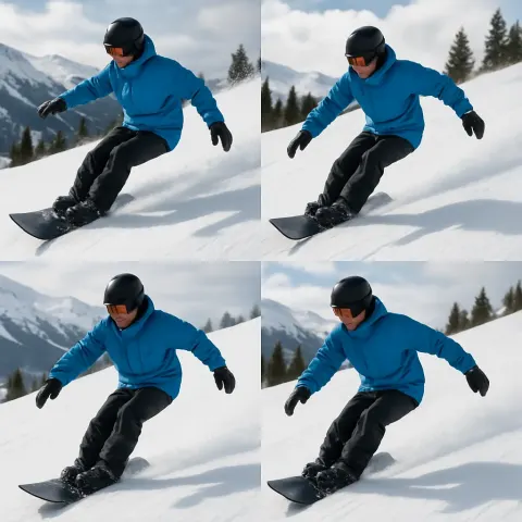 Four-image Collage Showcasing a Snowboarder Dressed in a Blue Jacket