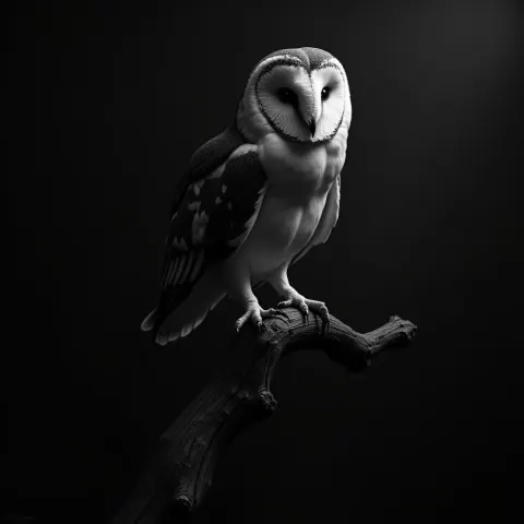 Solitary Barn Owl in Black and White Chiaroscuro
