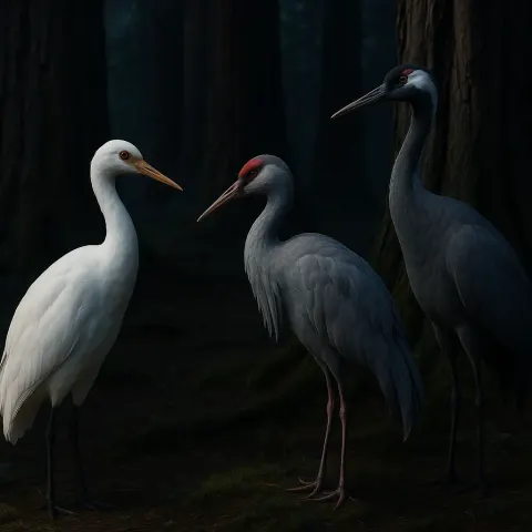Three Distinct Cranes Inhabit an Ancient Redwood Grove Where Towering