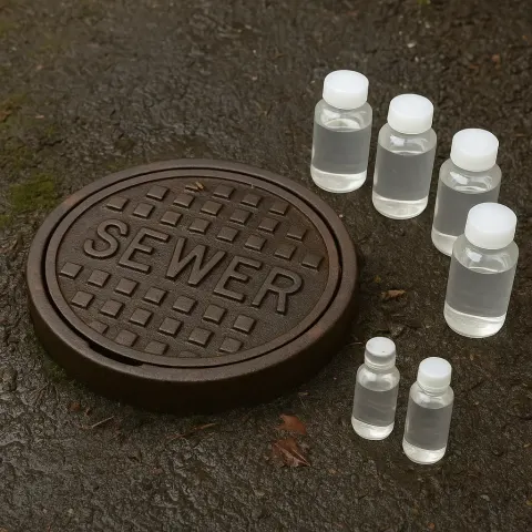 Labeled Sewer Manhole Cover Surrounded by Damp Ground
