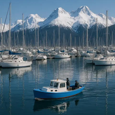 Small Blue Boat Sails in a Marina